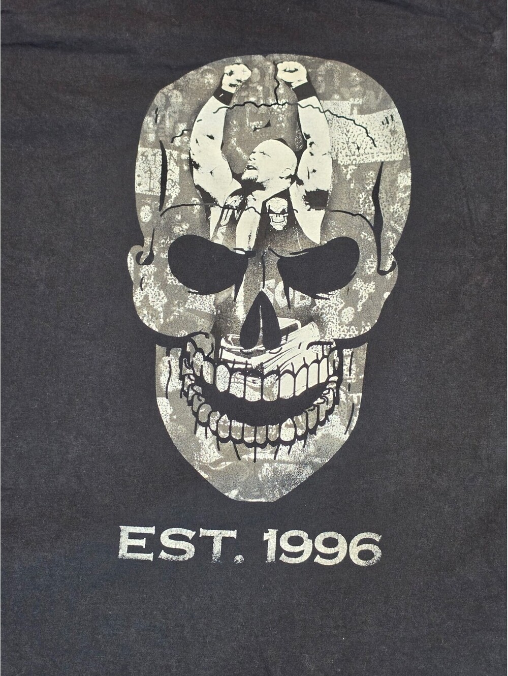 WWE Authentic Black Graphic T-Shirt XXL with Skull and EST. 1996 Design